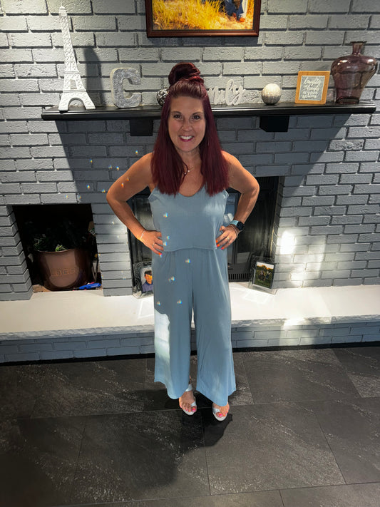 Blue Gray Ribbed Double Layer Jumpsuit