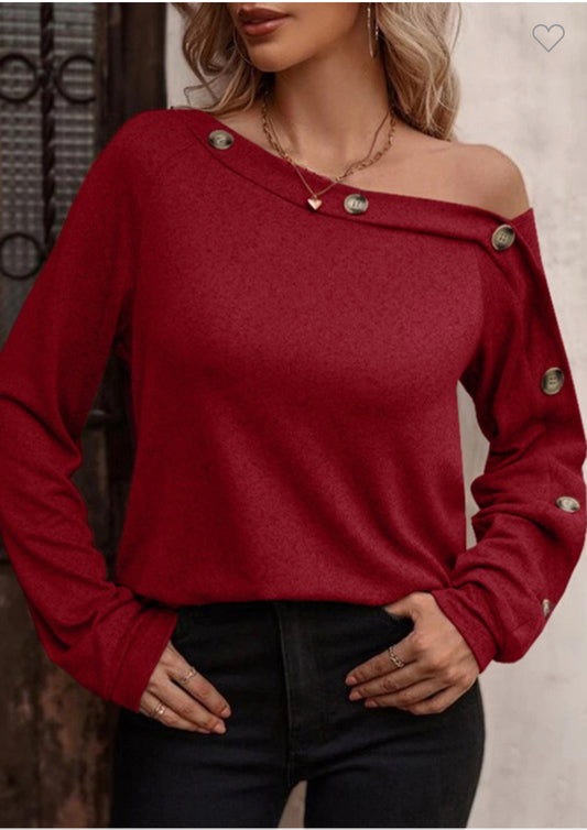 Wine Red Button Off Shoulder Long Sleeve Top