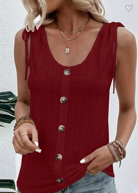 Wine Red Button Hollow Sleeveless Top