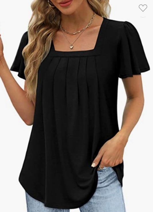 Black Square Pleated Short Sleeve Top