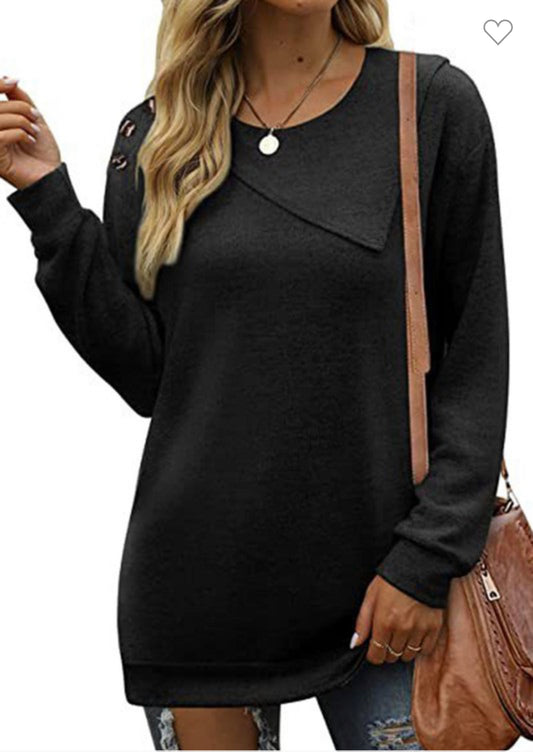 Black Round Neck Button Long Sleeve Sweatshirts