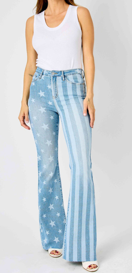 Judy Blue High Waist Stars and Stripes Bleach Flare Jeans