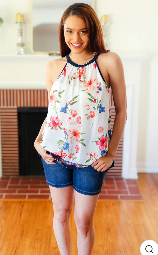 PLUS FLORAL BORDER PRINT HALTER NECK TOP