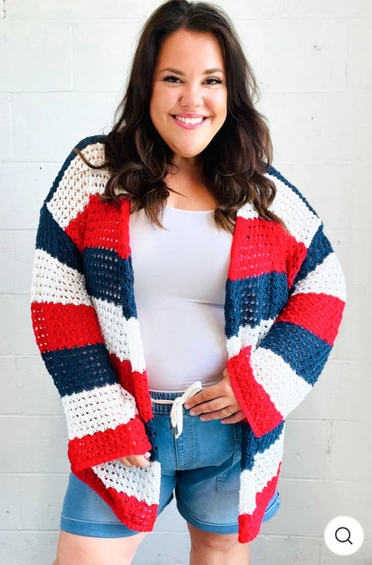 Simply Patriotic Red White & Blue Striped Crochet Cardigan