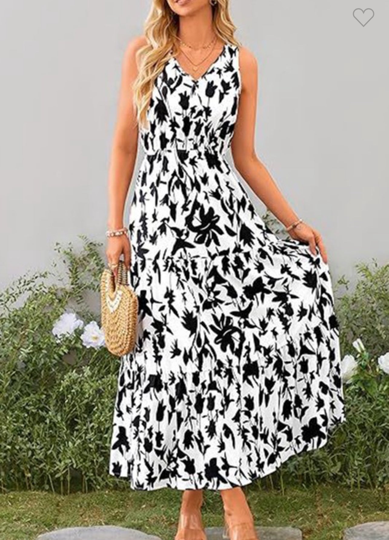 Vneck Elastic Waistband Printed Sleeveless Dress