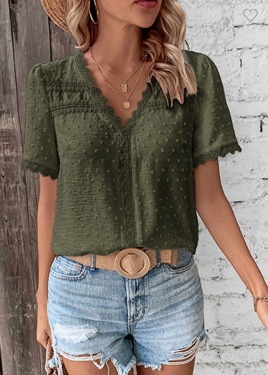 Army Green Patchwork Short Sleeve Top