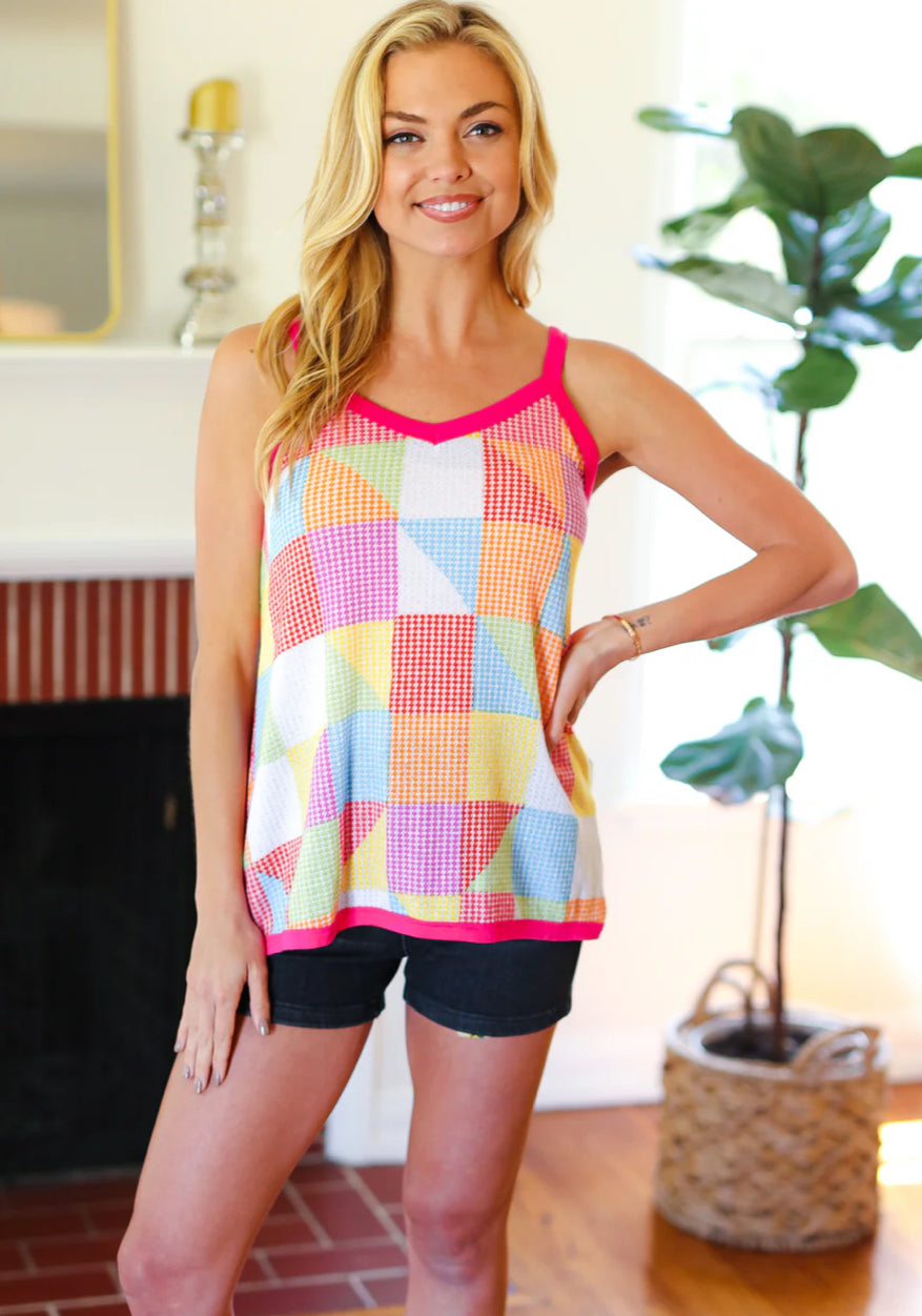 Plus fuchsia trim geometric print top