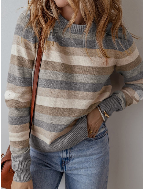 Gray Stripe Colorblock Round Neck Sweater