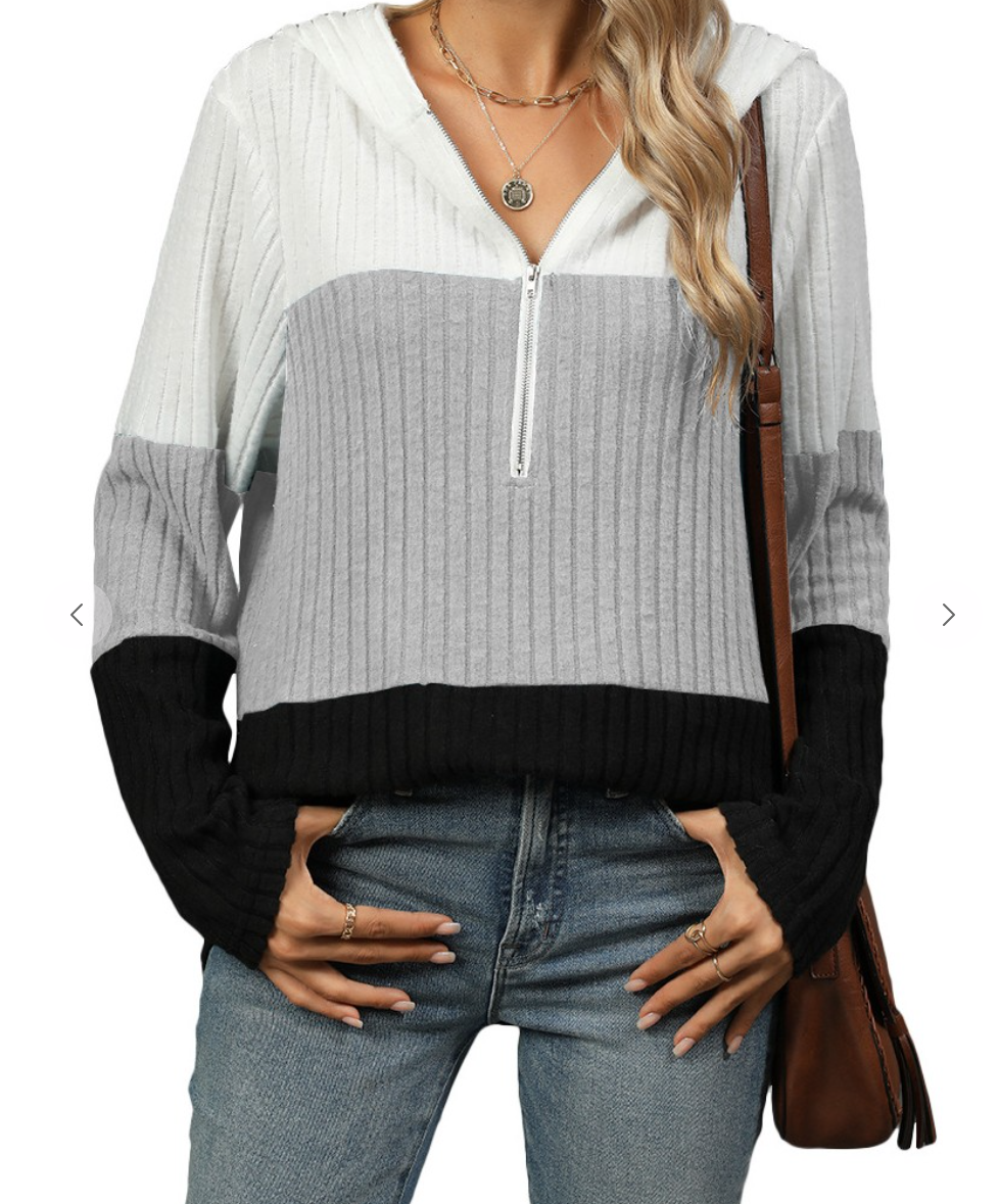 Zipper Hooded Long Sleeve Top