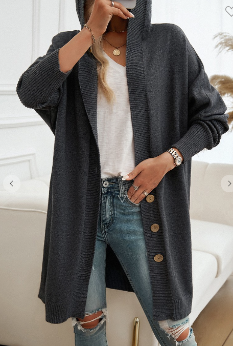 Loose Button Hooded Cardigan