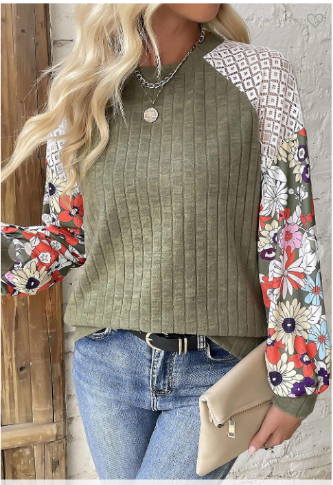 Green Floral Patchwork Long Sleeve Ribbed Top