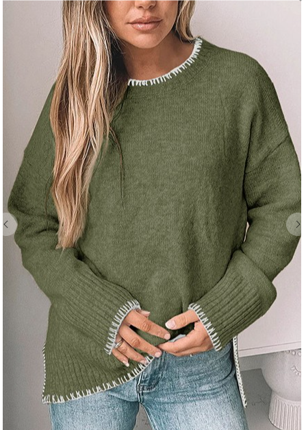 Pullover Stitch Trim Round Neck Sweater