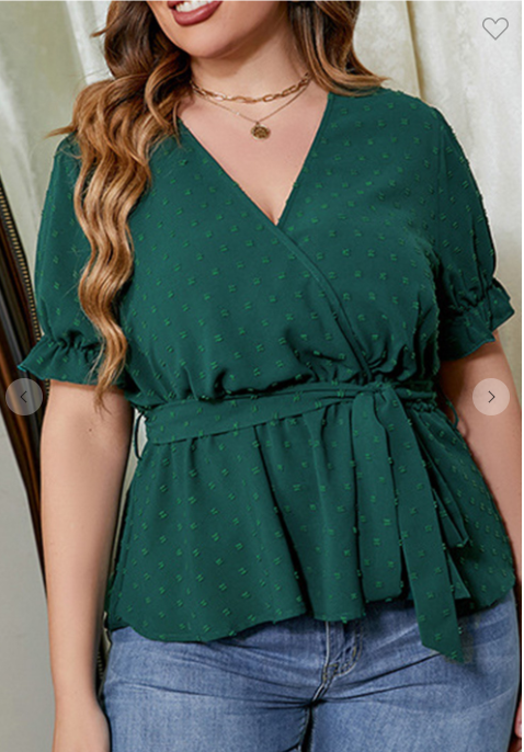 Plus Green Vneck Wrap Short Sleeve Shirt