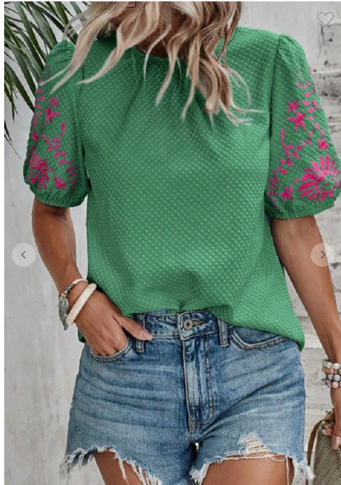 Embroidered Bubble Sleeve Top