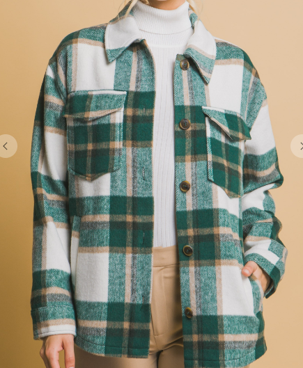 Green wool blend button up shacket