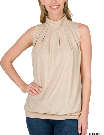 high neck pleated top with waistband