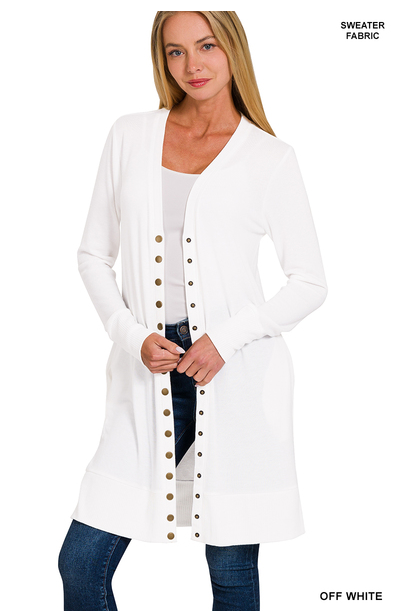 Ivory Thigh Length Snap Button Cardigan