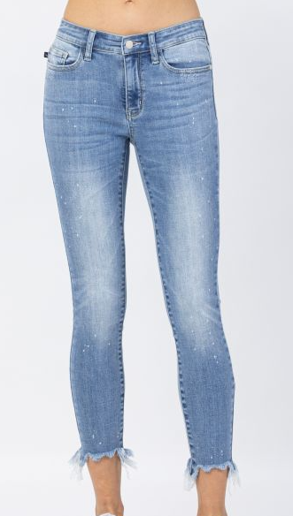 Judy Blue Mid Rise Bleach Splash Shark Bite Skinny Jeans