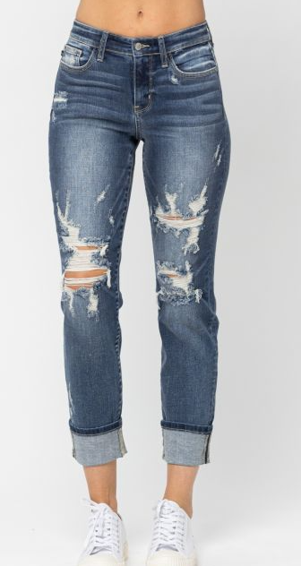 Plus Judy Blue Mid Rise Cuffed Destroy Boyfriend Jeans