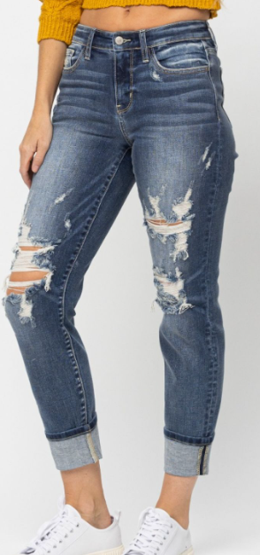 Plus Judy Blue Mid Rise Cuffed Destroy Boyfriend Jeans