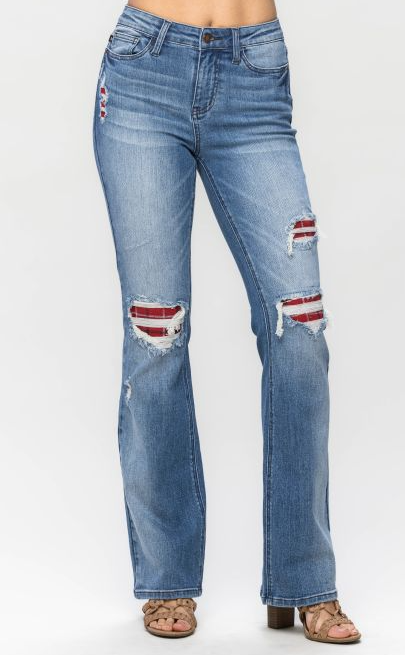 Judy Blue Mid Rise Plaid Patch Detail Bootcut