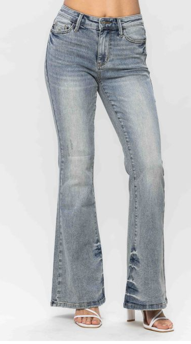 Judy Blue Mid Rise Tinted Pin Tack Detail Flare Jeans