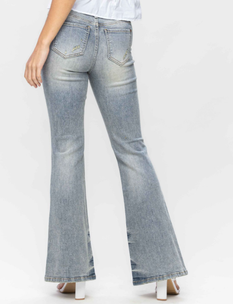 Judy Blue Mid Rise Tinted Pin Tack Detail Flare Jeans