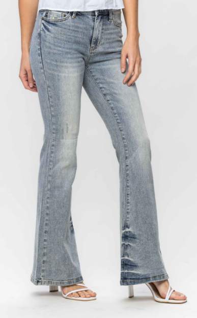 Judy Blue Mid Rise Tinted Pin Tack Detail Flare Jeans