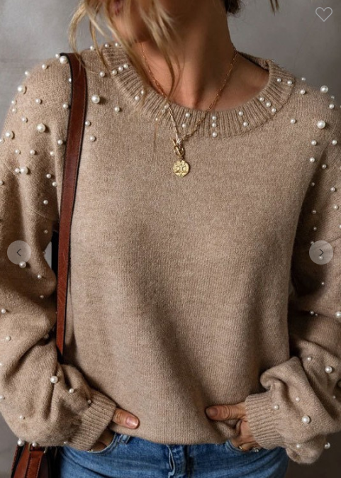 Khaki Loose Bead Round Neck Sweater