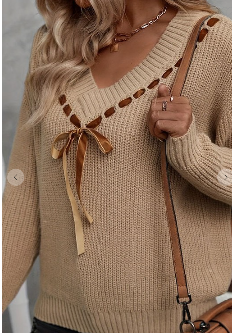 Khaki Bow V-neck Sweater