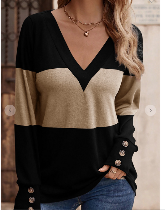 Colorblock Button Casual Vneck Long Sleeve