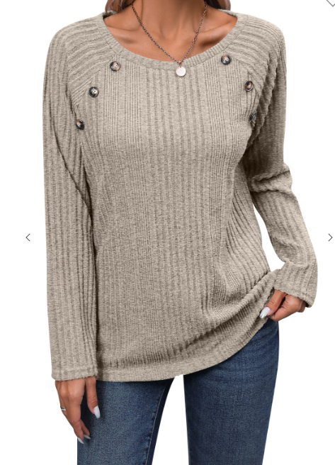 Pit striped brushed round neck solid button top