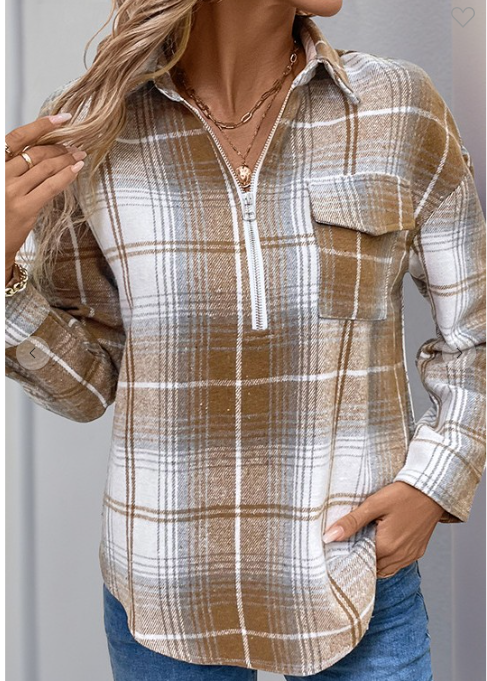 Khaki Plaid Zip Loose Casual Shirt