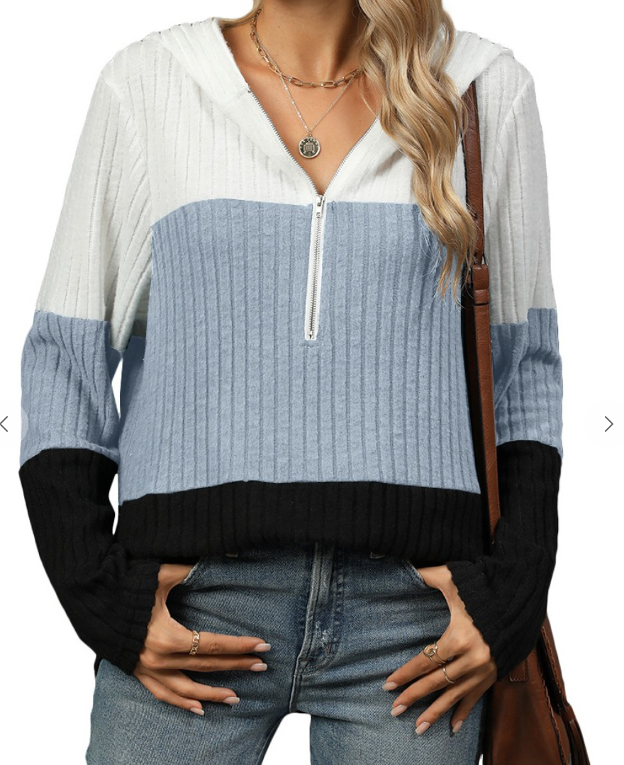 Zipper Hooded Long Sleeve Top