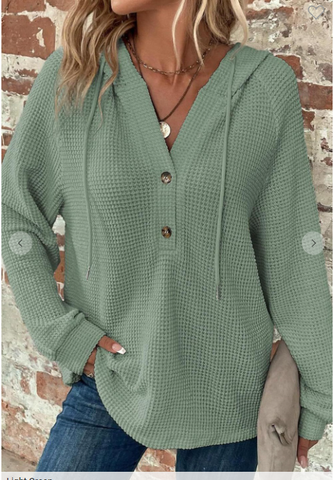 V-neck Waffle Button Long Sleeve  Hoodie