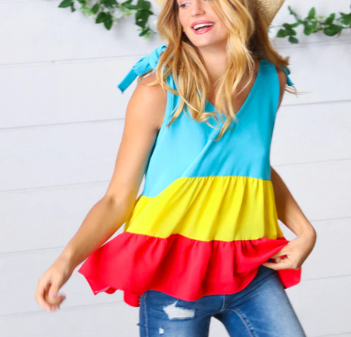 Multi colored tiered shoulder tie bow tank