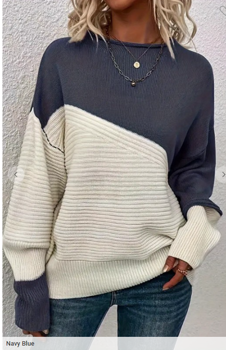 Navy Blue Diagonal Colorblock Sweater