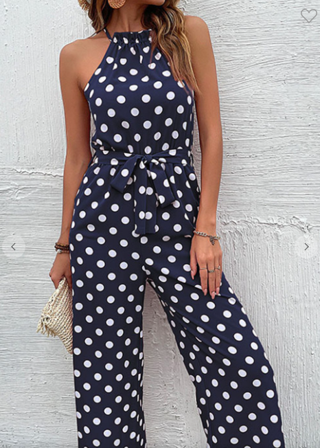 Polka Dot Sleeveless Halter Belted Jumpsuit