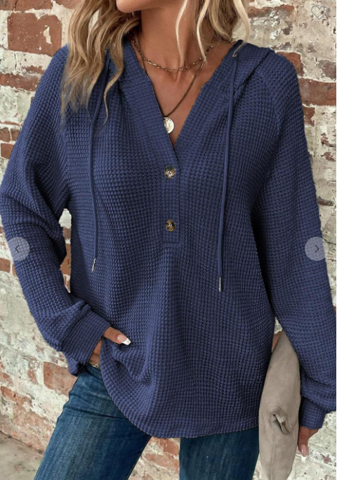 V-neck Waffle Button Long Sleeve  Hoodie