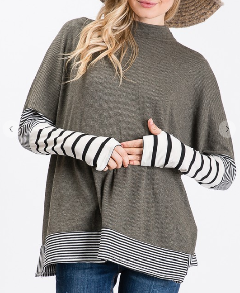 Olive Long Sleeve Mock Neck Stripe Contrast Top