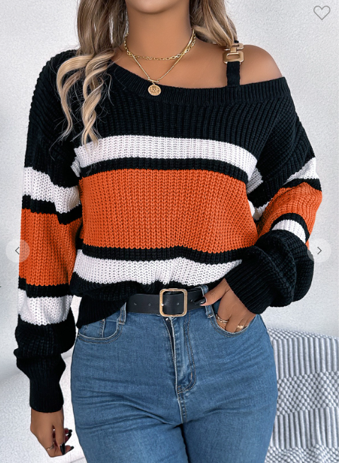 Colorblock metal buckle off shoulder top