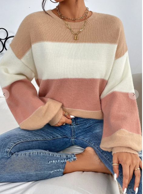 Pink Colorblock lantern sleeve Sweater