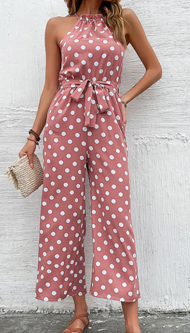 Polka Dot Sleeveless Halter Belted Jumpsuit