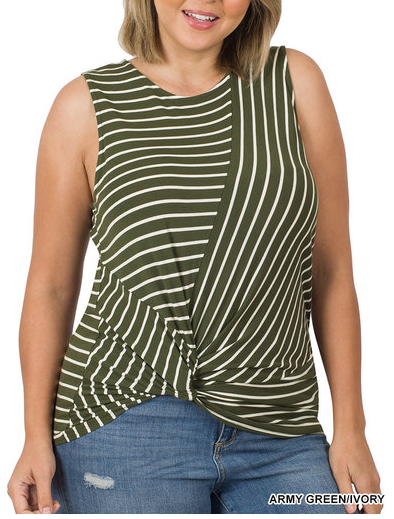 Plus Army Green Stripe Front Knot Sleeveless Top