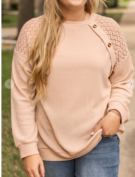 Plus Beige Waffle Lace Patchwork Button Top