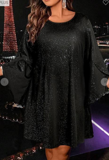 Plus Black Glitter Bell Sleeve Dress