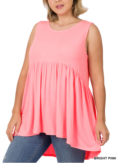 Plus Bright Pink Sleeveless Waist Shirring High Low Top