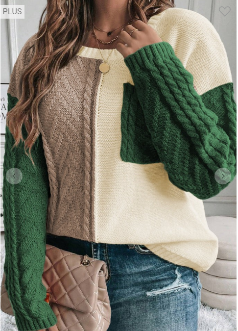 Plus Colorblock Cable Knit Green Tan Sweater