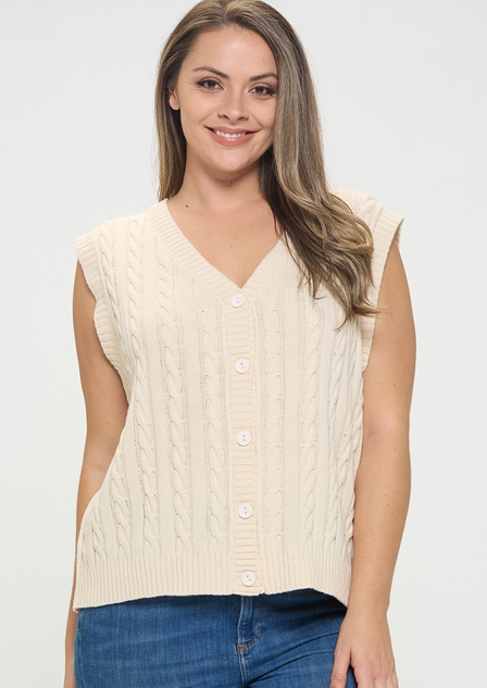 Plus Cream Textured Sleeveless Button Top