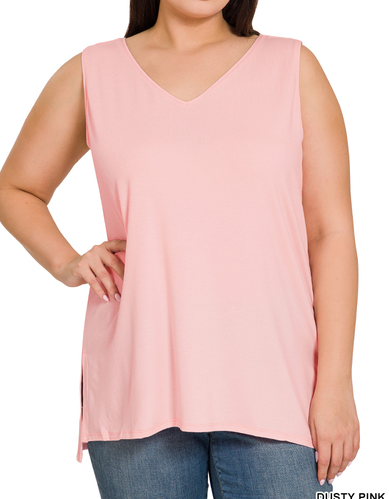 Plus Dusty pink Side Slit Vneck Tank Top